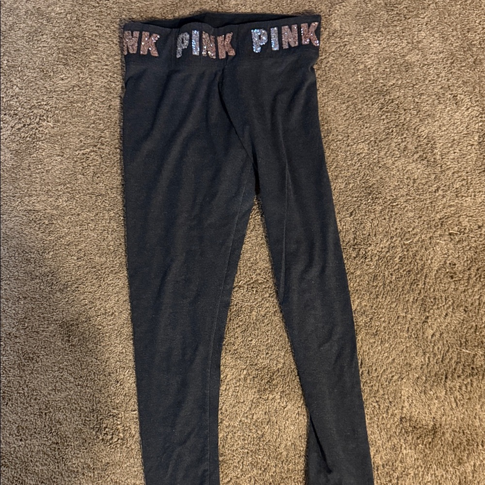 Grey- black leggings with Pink Logo Waistband